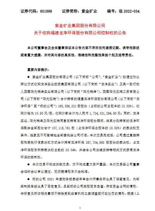 紫金矿业：拟17.34亿元收购龙净环保15.02%股份并获取其控制权(图1)